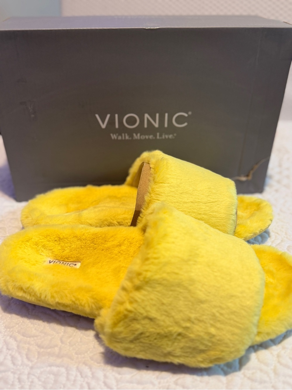 Vionic Yellow Fuzzy Open-Toe Slide Sandals